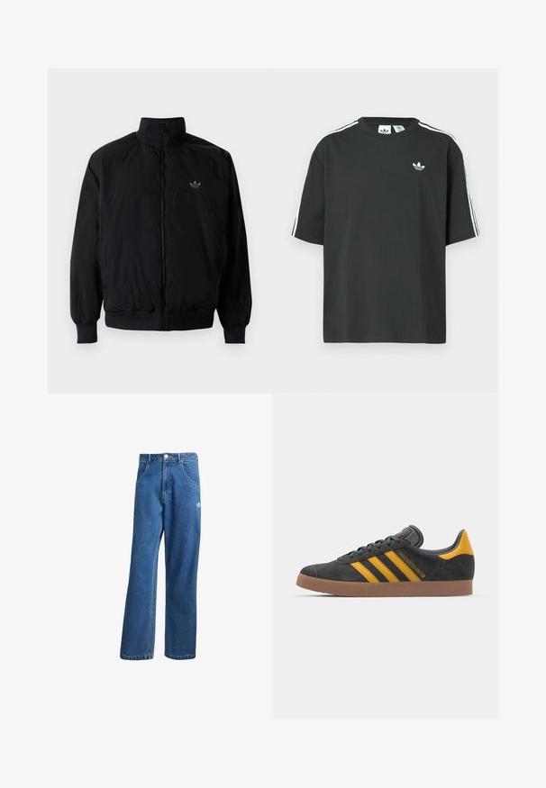 Czarna kurtka zapinana na zamek z wysokim kołnierzem, wykonana z lekkiego materiału. Posiada elastyczne mankiety i pas, oraz małe logo na górnej lewej stronie.; Czarny bawełniany t-shirt z krótkimi rękawami, okrągłym dekoltem i białym detalem w postaci trzech pasków na ramionach. Na piersi znajduje się małe białe logo.; Niebieskie dżinsy o wysokim stanie i szerokich nogawkach z przednimi kieszeniami, paskiem, zapięciem na guziki oraz małym logo Adidas na prawej udzie.; Czarne zamszowe sneakersy z żółtymi akcentami, z trzema paskami i brązową gumową podeszwą. Posiadają wyściełany język dla większego komfortu.