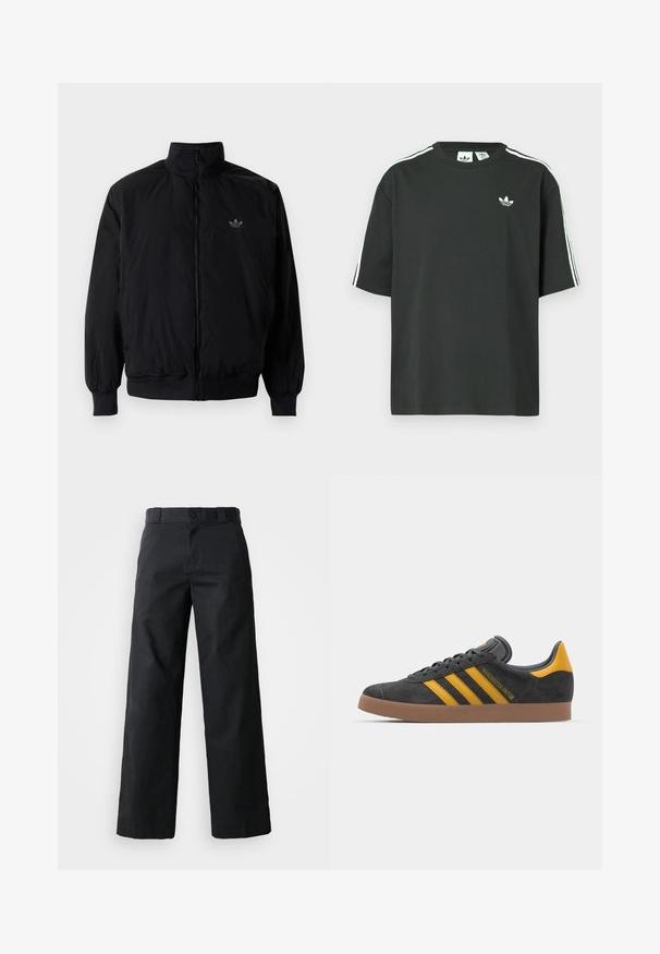 Black zipped jacket with high collar, made of lightweight material. Features elastic cuffs and waistband, with a small logo on the upper left.; Black cotton t-shirt with short sleeves, crew neckline, and white three-stripe detailing on shoulders. Features a small white logo on chest.; Black wide-leg trousers made of cotton. Features a button closure, belt loops, and side pockets. Smooth texture with a tailored cut.; Black suede sneaker with yellow accents, featuring three stripes and a brown rubber sole. Includes a padded tongue for comfort.