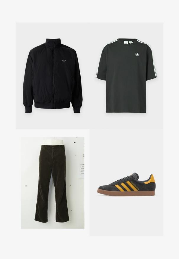 Veste noire à fermeture éclair avec col haut, fabriquée en matériau léger. Dotée de poignets et d'une taille élastiques, avec un petit logo en haut à gauche.; T-shirt en coton noir à manches courtes, col rond, avec un détail blanc à trois bandes sur les épaules. Présente un petit logo blanc sur la poitrine.; Un pantalon en velours côtelé marron présente un design évasé, une texture côtelée verticale, une fermeture à bouton à l'avant et des poches standard.; Baskets en suede noir avec des accents jaunes, présentant trois rayures et une semelle en caoutchouc marron. Comprend une languette rembourrée pour le confort.