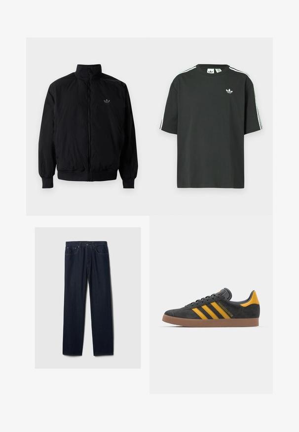 Black zipped jacket with high collar, made of lightweight material. Features elastic cuffs and waistband, with a small logo on the upper left.; Black cotton t-shirt with short sleeves, crew neckline, and white three-stripe detailing on shoulders. Features a small white logo on chest.; Dark blue straight-leg denim jeans with five-pocket design, button closure, and visible stitching on a plain light background.; Black suede sneaker with yellow accents, featuring three stripes and a brown rubber sole. Includes a padded tongue for comfort.