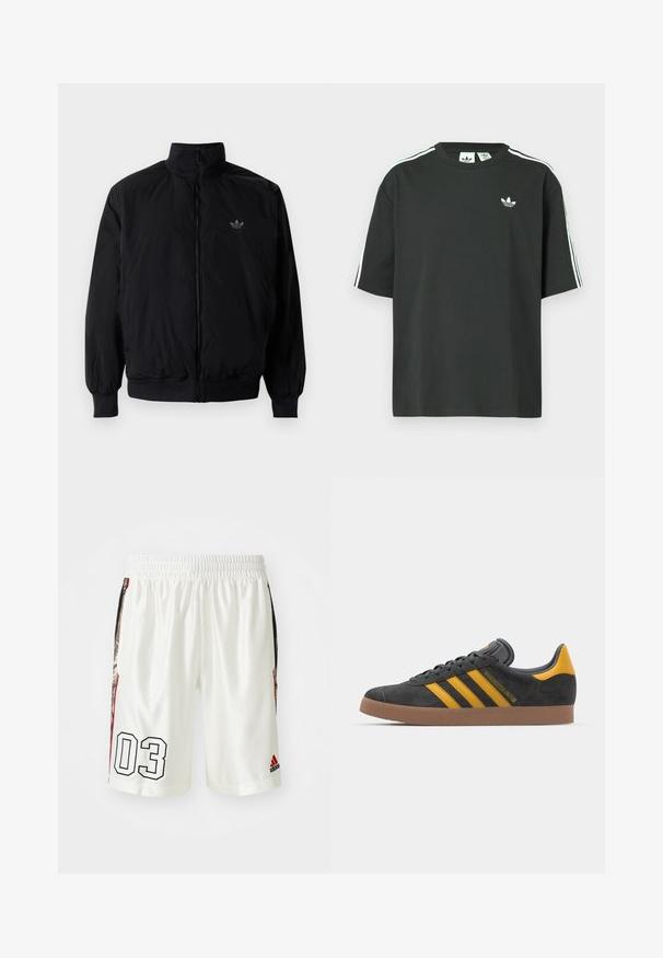 Svart zipjacka med hög krage, tillverkad av lätt material. Har elastiska cuffar och midja, med en liten logo på övre vänster.; Svart bomulls-t-shirt med korta ärmar, rund halsringning och vita tre ränder på axlarna. Har en liten vit logotyp på bröstet.; Vita sportshorts med elastisk midjeband. Har ett stort svart tryck med "03" och sidpaneler med ett mönstrat design. Adidas-logotypen finns.; Svart mockaskor med gula accenter, med tre ränder och en brun gummisula. Inkluderar en vadderad tunga för extra komfort.