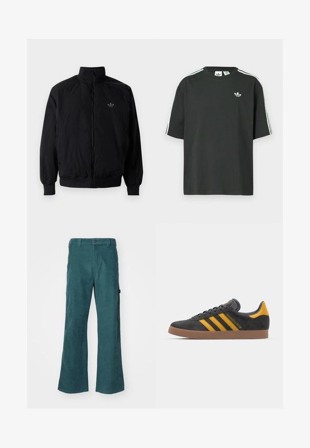 Giacca nera con zip e colletto alto, realizzata in materiale leggero. Presenta polsini e vita elastici, con un piccolo logo in alto a sinistra.; Maglietta nera in cotone con maniche corte, scollo rotondo e dettagli bianchi a tre strisce sulle spalle. Presenta un piccolo logo bianco sul petto.; Pantaloni in corduroy color teal con design a gamba dritta, dotati di chiusura a bottone, tasche frontali e tasche laterali cargo. Texture morbida, materiale resistente.; Sneaker in suede nero con dettagli gialli, dotato di tre strisce e una suola in gomma marrone. Include una linguetta imbottita per il comfort.