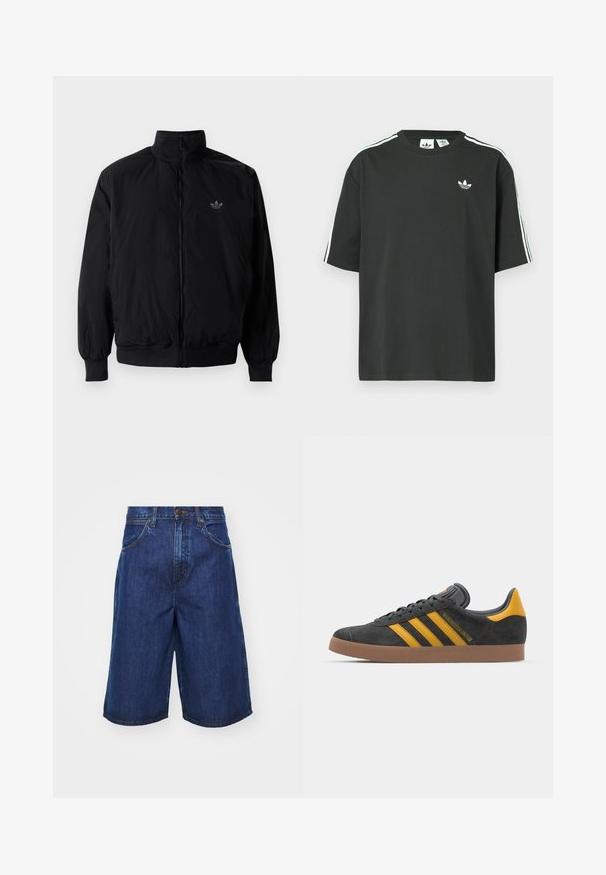 Black zipped jacket with high collar, made of lightweight material. Features elastic cuffs and waistband, with a small logo on the upper left.; Black cotton t-shirt with short sleeves, crew neckline, and white three-stripe detailing on shoulders. Features a small white logo on chest.; Denim shorts in dark blue, featuring a relaxed fit, large side pockets, and visible stitching details. Mid-rise waist with button closure.; Black suede sneaker with yellow accents, featuring three stripes and a brown rubber sole. Includes a padded tongue for comfort.