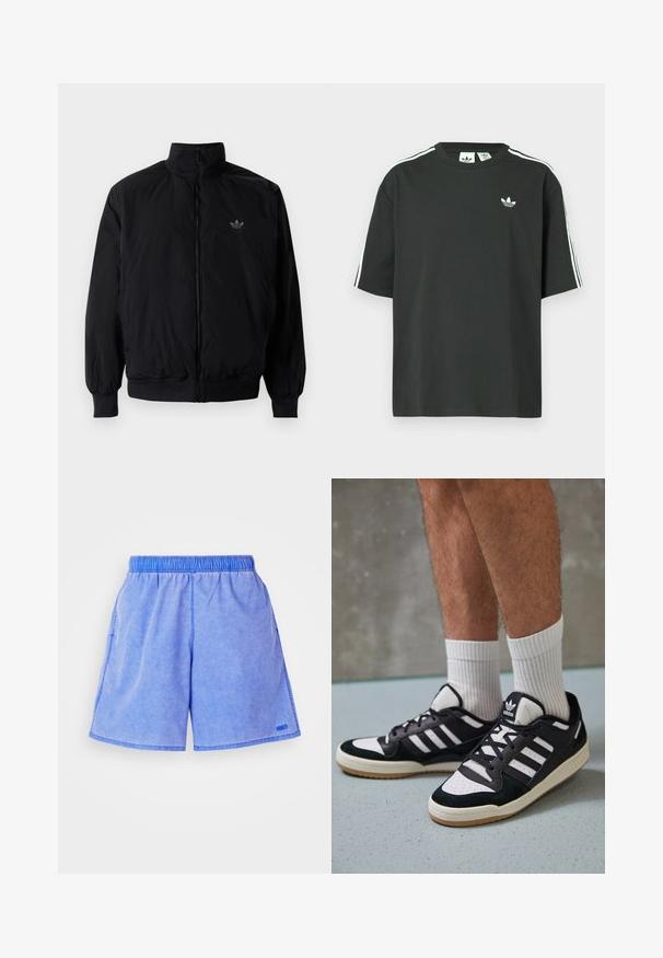 Crna jakna na zip s visokim ovratnikom, izrađena od laganog materijala. Ima elastične manžete i pojas, s malim logotipom na gornjem lijevom dijelu.; Crna pamučna majica kratkih rukava, s okruglim izrezom i bijelim detaljima u obliku triju pruga na ramenima. Na prsima se nalazi mali bijeli logotip.; Svijetloplave kratke hlače s elastičnom waistbandom, bočnim džepovima i malim logotipom. Tkanina izgleda mekano s suptilnom teksturom.; Crne i bijele tenisice s gornjim dijelom od antilopa i kože, s tri bijele pruge, perforiranim prstom i gumiranim potplatom.