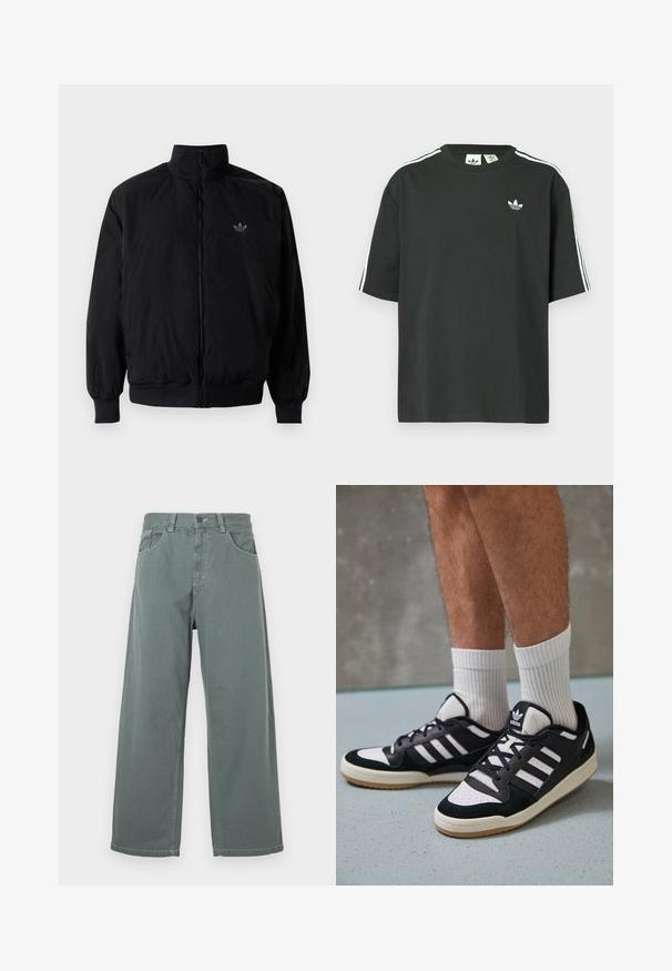 Schwarze Jacke mit Reißverschluss und hohem Kragen, aus leichtem Material gefertigt. Verfügt über elastische Bündchen und einen elastischen Saum, mit einem kleinen Logo oben links.; Schwarzes Baumwoll-T-Shirt mit kurzen Ärmeln, Rundhalsausschnitt und weißen Dreistreifen-Details auf den Schultern. Verfügt über ein kleines weißes Logo auf der Brust.; Weite Hosen aus muted grünem Baumwollstoff mit einem klassischen Bund, Gürtelschlaufen, vorderen Taschen und kontrastierenden Nähdetails.; Schwarz-weiße Sneaker mit einem Obermaterial aus Wildleder und Leder, ausgestattet mit drei weißen Streifen, einer perforierten Zehenpartie und einer Sohle aus Gummi.