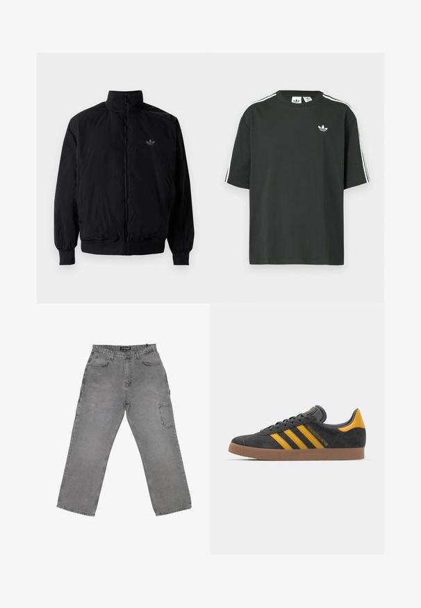 Zwarte geluiting jack met hoge kraag, gemaakt van lichtgewicht materiaal. Voorzien van elastische manchetten en tailleband, met een klein logo op de linkerbovenkant.; Zwart katoenen T-shirt met korte mouwen, ronde hals en witte drie-strepen details op de schouders. Heeft een klein wit logo op de borst.; Grijze denim broeken met een ontspannen pasvorm, voorzien van een sluiting met een voorste knoop, meerdere zakken en een licht vervaagde textuur.; Zwarte suède sneakers met gele accenten, voorzien van drie strepen en een bruine rubberen zool. Inclusief een gevoerde tong voor comfort.