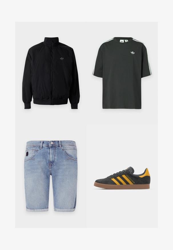 Černá zipová bunda s vysokým límcem, vyrobená z lehkého materiálu. Má elastické manžety a pas, s malým logem na horní levé straně.; Černé bavlněné tričko s krátkými rukávy, kulatým výstřihem a bílými třemi pruhy na ramenou. Na hrudi je malá bílá logo.; Světle modré džínové šortky se střihovým designem, ohrnutým lemem a jemným vyblednutím. Obsahují přední kapsy a malou látkovou nášivku.; Černé semišové tenisky se žlutými akcenty, vybavené třemi pruhy a hnědou gumovou podrážkou. Obsahují polstrovaný jazyk pro pohodlí.