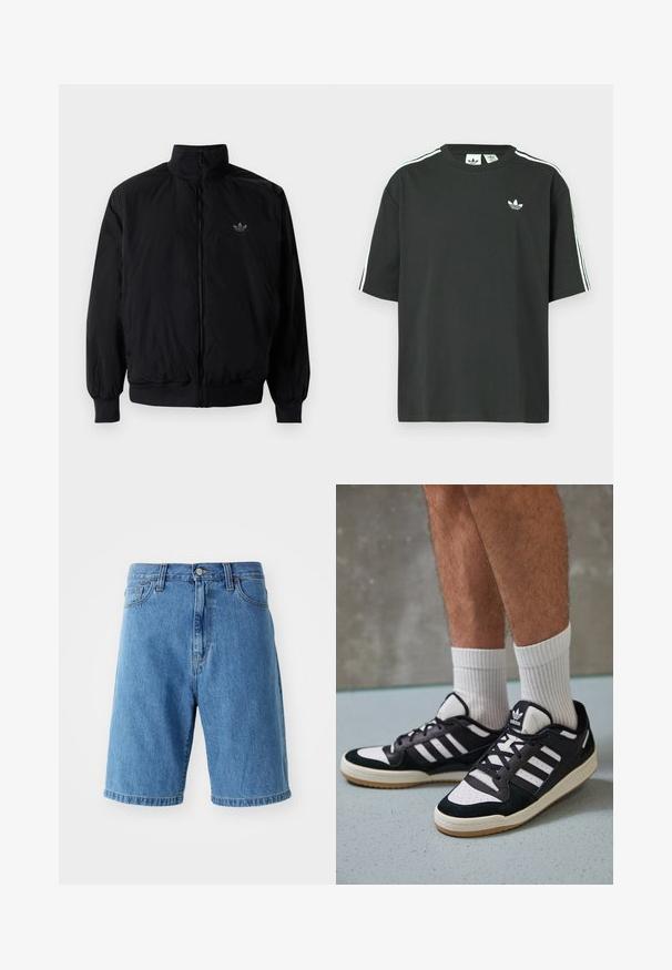 Čierna zips kombinéza s vysokým golierom, vyrobená z ľahkého materiálu. Obsahuje elastické manžety a pás, s malým logom na hornej ľavej strane.; Čierne bavlnené tričko s krátkymi rukávmi, okrúhlym výstrihom a bielymi tromi pruhmi na ramenách. Na hrudi je malý biely logo.; Modré riflové šortky s voľným strihom, pásom s pútkami na opasok, predným zapínaním na gombík a zvinutými lemami. Žiadne viditeľné vzory ani akcenty.; Čierno-biele tenisky s vrchom z semišu a kože, s troma bielymi pruhmi, perforovanou špičkou a gumovou podrážkou.