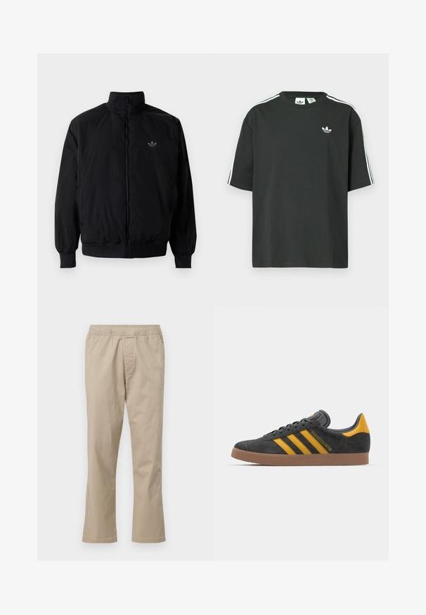 Black zipped jacket with high collar, made of lightweight material. Features elastic cuffs and waistband, with a small logo on the upper left.; Black cotton t-shirt with short sleeves, crew neckline, and white three-stripe detailing on shoulders. Features a small white logo on chest.; Beige, cotton pants with an elastic waistband, straight leg design, and side seam pockets, featuring a smooth texture and no patterns.; Black suede sneaker with yellow accents, featuring three stripes and a brown rubber sole. Includes a padded tongue for comfort.