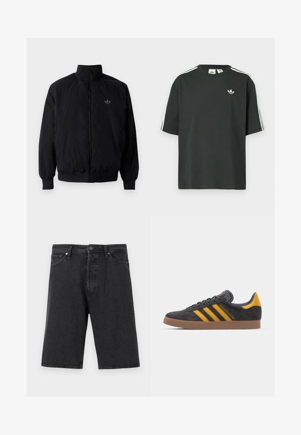 Svart zipjacka med hög krage, tillverkad av lätt material. Har elastiska cuffar och midja, med en liten logo på övre vänster.; Svart bomulls-t-shirt med korta ärmar, rund halsringning och vita tre ränder på axlarna. Har en liten vit logotyp på bröstet.; Svarta denimshorts med rak skärning, standard femfickdesign, knappstängning och en strukturerad tygfinish.; Svart mockaskor med gula accenter, med tre ränder och en brun gummisula. Inkluderar en vadderad tunga för extra komfort.