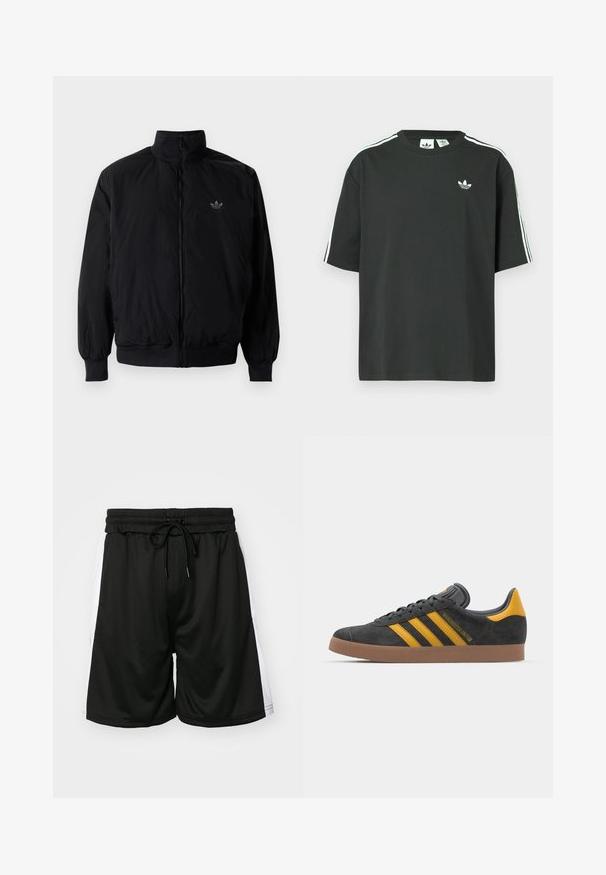 Černá zipová bunda s vysokým límcem, vyrobená z lehkého materiálu. Má elastické manžety a pas, s malým logem na horní levé straně.; Černé bavlněné tričko s krátkými rukávy, kulatým výstřihem a bílými třemi pruhy na ramenou. Na hrudi je malá bílá logo.; Černé sportovní šortky vyrobené zmesového materiálu, s elastickým pasem a nastavitelnou šňůrkou, doplněné bílými bočními akcenty.; Černé semišové tenisky se žlutými akcenty, vybavené třemi pruhy a hnědou gumovou podrážkou. Obsahují polstrovaný jazyk pro pohodlí.