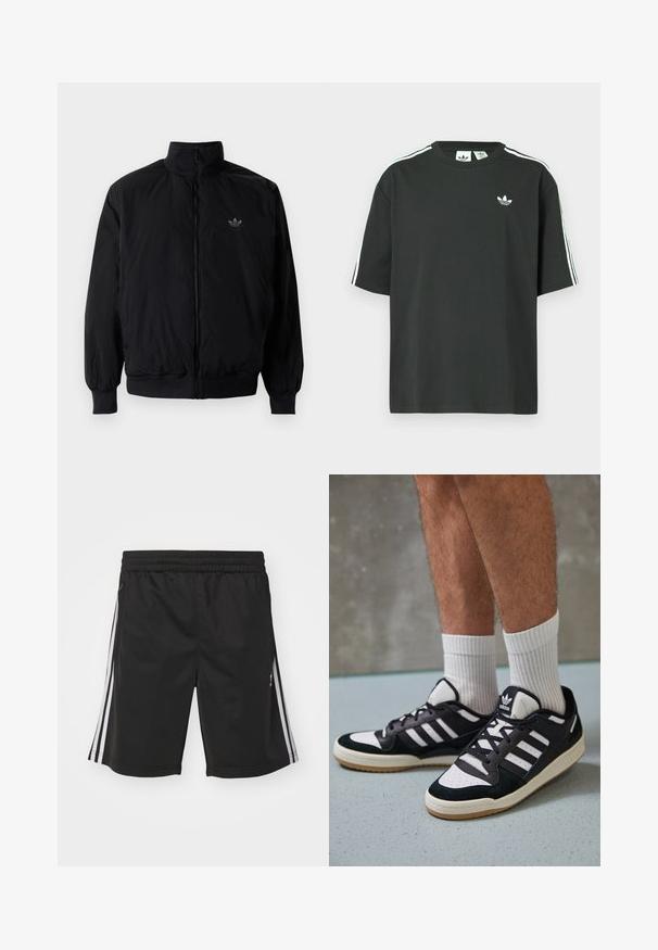 Čierna zips kombinéza s vysokým golierom, vyrobená z ľahkého materiálu. Obsahuje elastické manžety a pás, s malým logom na hornej ľavej strane.; Čierne bavlnené tričko s krátkymi rukávmi, okrúhlym výstrihom a bielymi tromi pruhmi na ramenách. Na hrudi je malý biely logo.; Čierne športové šortky s elastickým pásom, so vzorom bielych pruhov po stranách a hladkou textúrou tkaniny. Bez ďalších ozdôb.; Čierno-biele tenisky s vrchom z semišu a kože, s troma bielymi pruhmi, perforovanou špičkou a gumovou podrážkou.