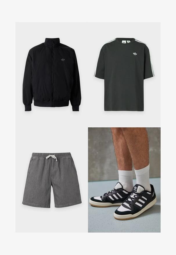 Černá zipová bunda s vysokým límcem, vyrobená z lehkého materiálu. Má elastické manžety a pas, s malým logem na horní levé straně.; Černé bavlněné tričko s krátkými rukávy, kulatým výstřihem a bílými třemi pruhy na ramenou. Na hrudi je malá bílá logo.; Šedé džíny šortky s páskem na šňůrku, bočními kapsami a uvolněným střihem. Mají hladkou strukturu a upravený lem.; Černobílé tenisky s vrchní částí z semišové a kožené kůže, včetně tří bílých pruhů, perforovaného špičky a podrážky z gumy.