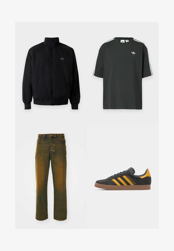 Svart zipjacka med hög krage, tillverkad av lätt material. Har elastiska cuffar och midja, med en liten logo på övre vänster.; Svart bomulls-t-shirt med korta ärmar, rund halsringning och vita tre ränder på axlarna. Har en liten vit logotyp på bröstet.; Gröna och bruna denimjeans med rak passform, som har en framknäppning, fem fickor och en blekt finish.; Svart mockaskor med gula accenter, med tre ränder och en brun gummisula. Inkluderar en vadderad tunga för extra komfort.