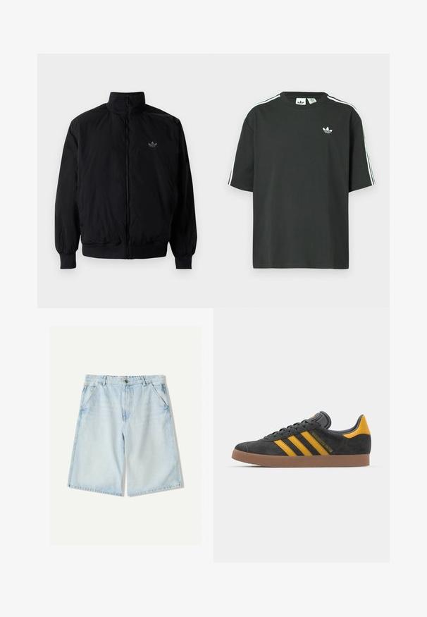 Čierna zips kombinéza s vysokým golierom, vyrobená z ľahkého materiálu. Obsahuje elastické manžety a pás, s malým logom na hornej ľavej strane.; Čierne bavlnené tričko s krátkymi rukávmi, okrúhlym výstrihom a bielymi tromi pruhmi na ramenách. Na hrudi je malý biely logo.; Svetlo modré denimové šortky s rovnym strihom, majú pútka na opasek, päť vreciek a jemné vyblednutie. Klasická bavlnená textúra.; Čierne semišové tenisky so žltými akcentmi, ktoré majú tri pruhy a hnedú gumovú podrážku. Obsahujú vypolstrovaný jazyk pre pohodlie.