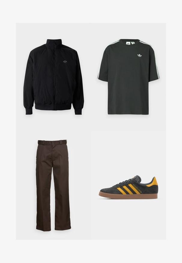 Black zipped jacket with high collar, made of lightweight material. Features elastic cuffs and waistband, with a small logo on the upper left.; Black cotton t-shirt with short sleeves, crew neckline, and white three-stripe detailing on shoulders. Features a small white logo on chest.; Brown trousers with a straight-leg cut, featuring a flat front, belt loops, and a smooth texture. Simple design without patterns or accents.; Black suede sneaker with yellow accents, featuring three stripes and a brown rubber sole. Includes a padded tongue for comfort.