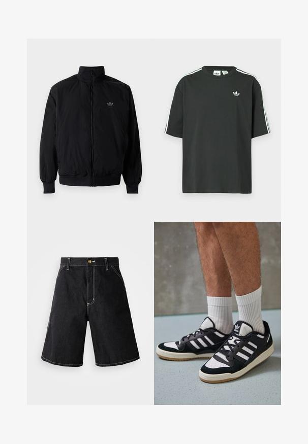 Schwarze Jacke mit Reißverschluss und hohem Kragen, aus leichtem Material gefertigt. Verfügt über elastische Bündchen und einen elastischen Saum, mit einem kleinen Logo oben links.; Schwarzes Baumwoll-T-Shirt mit kurzen Ärmeln, Rundhalsausschnitt und weißen Dreistreifen-Details auf den Schultern. Verfügt über ein kleines weißes Logo auf der Brust.; Schwarze Jeansshorts mit lockerer Passform, fünf Taschen und kontrastierendem weißen Nähten. Knopfverschluss an der Taille.; Schwarz-weiße Sneaker mit einem Obermaterial aus Wildleder und Leder, ausgestattet mit drei weißen Streifen, einer perforierten Zehenpartie und einer Sohle aus Gummi.