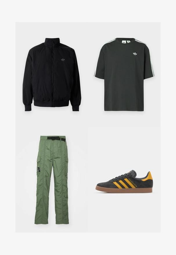 Black zipped jacket with high collar, made of lightweight material. Features elastic cuffs and waistband, with a small logo on the upper left.; Black cotton t-shirt with short sleeves, crew neckline, and white three-stripe detailing on shoulders. Features a small white logo on chest.; Cargo pants in olive green, made from lightweight fabric. Features a black belt, cargo pockets on sides, and stitching details.; Black suede sneaker with yellow accents, featuring three stripes and a brown rubber sole. Includes a padded tongue for comfort.