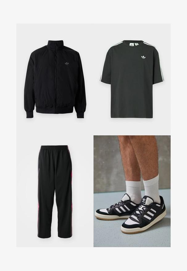 Black zipped jacket with high collar, made of lightweight material. Features elastic cuffs and waistband, with a small logo on the upper left.; Black cotton t-shirt with short sleeves, crew neckline, and white three-stripe detailing on shoulders. Features a small white logo on chest.; Black athletic pants made of smooth fabric, featuring a relaxed fit and pink side accents, with an elastic waistband for comfort.; Black and white sneakers with a suede and leather upper, featuring three white stripes, a perforated toe, and a gum rubber sole.