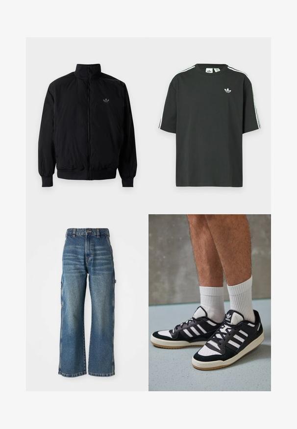 Chaqueta negra con cremallera y cuello alto, hecha de material ligero. Cuenta con puños y cinturilla elásticos, y un pequeño logo en la parte superior izquierda.; Camiseta de algodón negra con mangas cortas, cuello redondo y detalle de tres rayas blancas en los hombros. Presenta un pequeño logo blanco en el pecho.; Jeans de corte amplio en denim de color azul claro con un acabado desgastado, que presentan una cintura alta, trabillas para cinturón y bolsillos laterales. Detalles de costura visibles.; Zapatillas en blanco y negro con parte superior de ante y cuero, que presentan tres franjas blancas, una puntera perforada y una suela de goma.