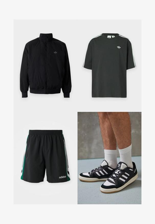 Svart zipjacka med hög krage, tillverkad av lätt material. Har elastiska cuffar och midja, med en liten logo på övre vänster.; Svart bomulls-t-shirt med korta ärmar, rund halsringning och vita tre ränder på axlarna. Har en liten vit logotyp på bröstet.; Svarta sportshorts med elastisk midja, med gröna och vita sidosträck och "adidas"-logotypen i vitt på framsidan.; Svartvita sneakers med ovandel i mocka och läder, med tre vita ränder, perforerad tå och sula av gummigummi.