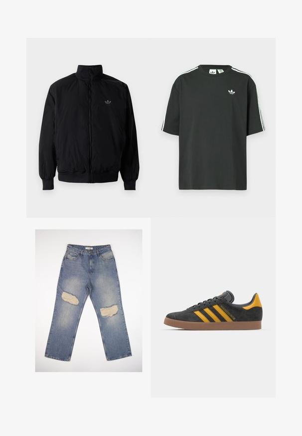 Černá zipová bunda s vysokým límcem, vyrobená z lehkého materiálu. Má elastické manžety a pas, s malým logem na horní levé straně.; Černé bavlněné tričko s krátkými rukávy, kulatým výstřihem a bílými třemi pruhy na ramenou. Na hrudi je malá bílá logo.; Světle modré džíny s přímým střihem, které mají dvě velké ošuntělé nášivky na kolenou a standardní design s pěti kapsami.; Černé semišové tenisky se žlutými akcenty, vybavené třemi pruhy a hnědou gumovou podrážkou. Obsahují polstrovaný jazyk pro pohodlí.