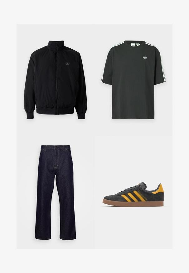 Black zipped jacket with high collar, made of lightweight material. Features elastic cuffs and waistband, with a small logo on the upper left.; Black cotton t-shirt with short sleeves, crew neckline, and white three-stripe detailing on shoulders. Features a small white logo on chest.; Dark blue straight-leg denim jeans with front pockets, belt loops, zip fly, and button closure, displayed against a plain white background.; Black suede sneaker with yellow accents, featuring three stripes and a brown rubber sole. Includes a padded tongue for comfort.