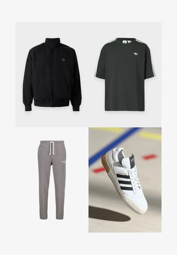 Zwarte geluiting jack met hoge kraag, gemaakt van lichtgewicht materiaal. Voorzien van elastische manchetten en tailleband, met een klein logo op de linkerbovenkant.; Zwart katoenen T-shirt met korte mouwen, ronde hals en witte drie-strepen details op de schouders. Heeft een klein wit logo op de borst.; Grijze sweatpants met een elastische tailleband, verstelbaar trekkoord en zijzakken. Bevat een subtiele witte geborduurde logo aan de voorkant.; Witte Adidas Mundial Goal sneakers met zwarte strepen en gumzool, midden in de lucht boven een sportvloer met gekleurde lijnen.