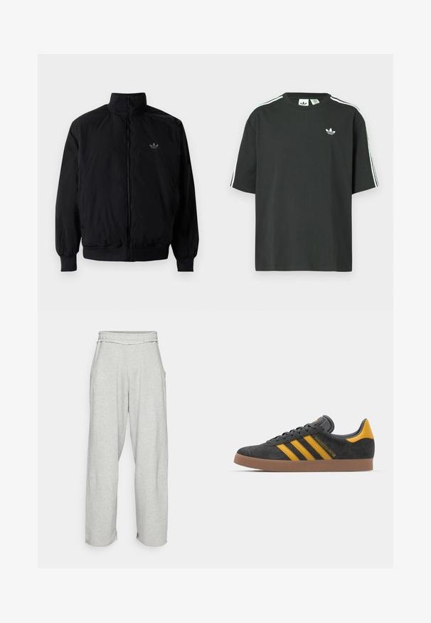Černá zipová bunda s vysokým límcem, vyrobená z lehkého materiálu. Má elastické manžety a pas, s malým logem na horní levé straně.; Černé bavlněné tričko s krátkými rukávy, kulatým výstřihem a bílými třemi pruhy na ramenou. Na hrudi je malá bílá logo.; Svetle šedé široké tepláky s elastickým pasem a postranními kapsami. Měkká textura s roztrhanými detaily na okrajích nohavic.; Černé semišové tenisky se žlutými akcenty, vybavené třemi pruhy a hnědou gumovou podrážkou. Obsahují polstrovaný jazyk pro pohodlí.
