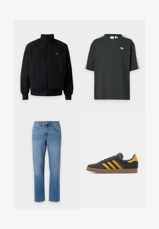 Black zipped jacket with high collar, made of lightweight material. Features elastic cuffs and waistband, with a small logo on the upper left.; Black cotton t-shirt with short sleeves, crew neckline, and white three-stripe detailing on shoulders. Features a small white logo on chest.; Light blue denim jeans with a straight-leg cut, five-pocket design, a button closure, and contrast stitching along the seams.; Black suede sneaker with yellow accents, featuring three stripes and a brown rubber sole. Includes a padded tongue for comfort.