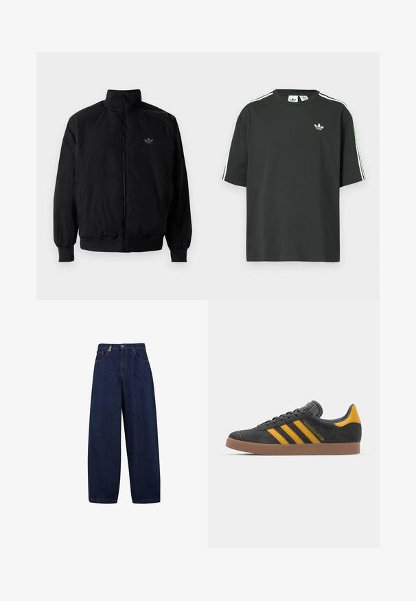 Crna jakna na zip s visokim ovratnikom, izrađena od laganog materijala. Ima elastične manžete i pojas, s malim logotipom na gornjem lijevom dijelu.; Crna pamučna majica kratkih rukava, s okruglim izrezom i bijelim detaljima u obliku triju pruga na ramenima. Na prsima se nalazi mali bijeli logotip.; Opuštene tamnoplave traperice visokog struka, s prednjim džepovima i ravnim nogavicama. Uključuje srebrne detalje i minimalno šivanje.; Crne nubuk tenisice s žutim detaljima, sa tri pruge i smešnim gumenim potplatom. Imaju jastučić na jeziku za udobnost.