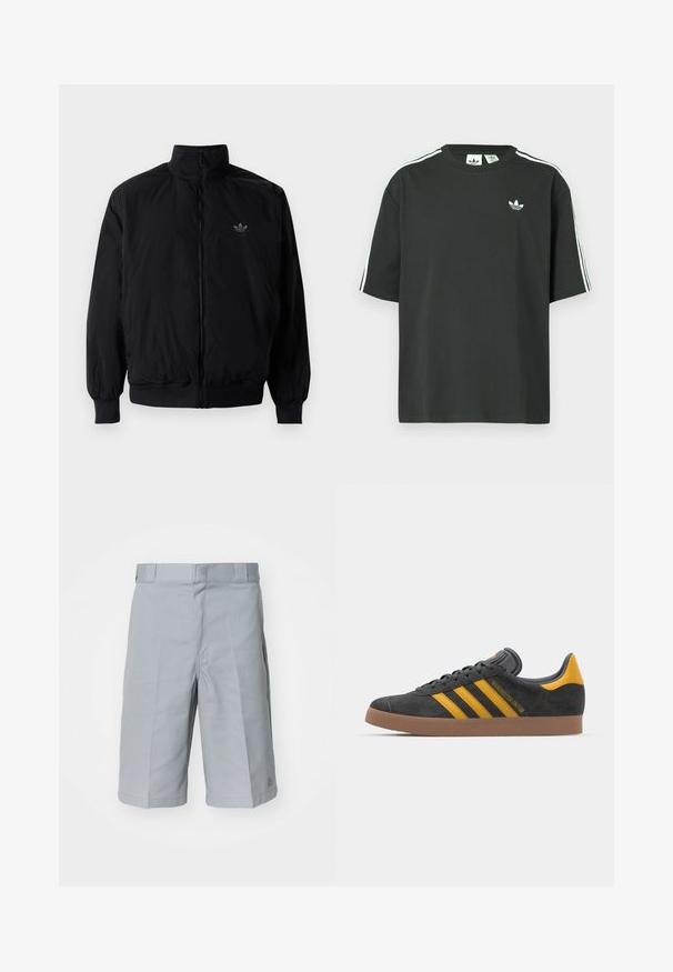 Czarna kurtka zapinana na zamek z wysokim kołnierzem, wykonana z lekkiego materiału. Posiada elastyczne mankiety i pas, oraz małe logo na górnej lewej stronie.; Czarny bawełniany t-shirt z krótkimi rękawami, okrągłym dekoltem i białym detalem w postaci trzech pasków na ramionach. Na piersi znajduje się małe białe logo.; Jasnoszare szorty wykonane z mocnego materiału, cechujące się prostym krojem, pasem z pętelkami na pasek oraz subtelnymi plisami.; Czarne zamszowe sneakersy z żółtymi akcentami, z trzema paskami i brązową gumową podeszwą. Posiadają wyściełany język dla większego komfortu.