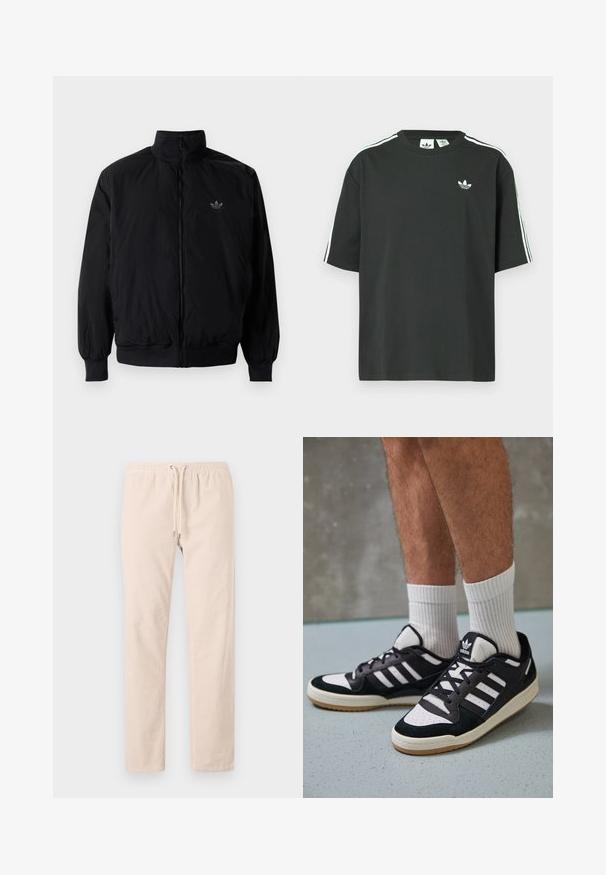 Black zipped jacket with high collar, made of lightweight material. Features elastic cuffs and waistband, with a small logo on the upper left.; Black cotton t-shirt with short sleeves, crew neckline, and white three-stripe detailing on shoulders. Features a small white logo on chest.; Light beige trousers made from soft fabric, featuring an elastic waistband with a drawstring and straight legs. Smooth texture, no patterns.; Black and white sneakers with a suede and leather upper, featuring three white stripes, a perforated toe, and a gum rubber sole.