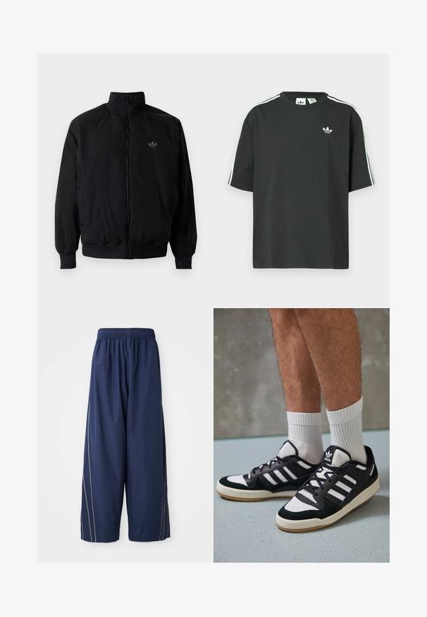 Black zipped jacket with high collar, made of lightweight material. Features elastic cuffs and waistband, with a small logo on the upper left.; Black cotton t-shirt with short sleeves, crew neckline, and white three-stripe detailing on shoulders. Features a small white logo on chest.; Navy blue, loose-fitting pants with an elastic waistband and side stripes in a lighter shade. Made of smooth, lightweight material.; Black and white sneakers with a suede and leather upper, featuring three white stripes, a perforated toe, and a gum rubber sole.