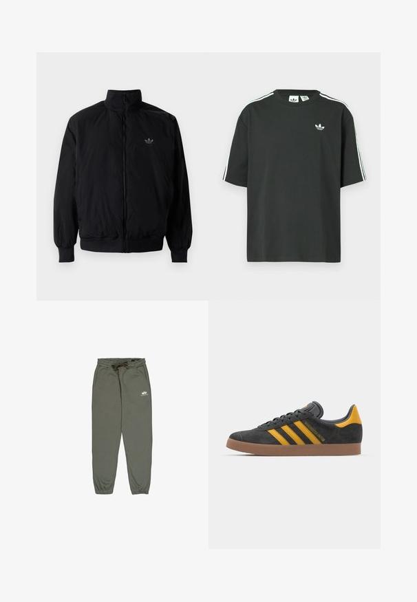 Black zipped jacket with high collar, made of lightweight material. Features elastic cuffs and waistband, with a small logo on the upper left.; Black cotton t-shirt with short sleeves, crew neckline, and white three-stripe detailing on shoulders. Features a small white logo on chest.; Green jogger pants made of soft fabric, featuring an elastic waistband with a drawstring, side pockets, and a small white logo on the thigh.; Black suede sneaker with yellow accents, featuring three stripes and a brown rubber sole. Includes a padded tongue for comfort.