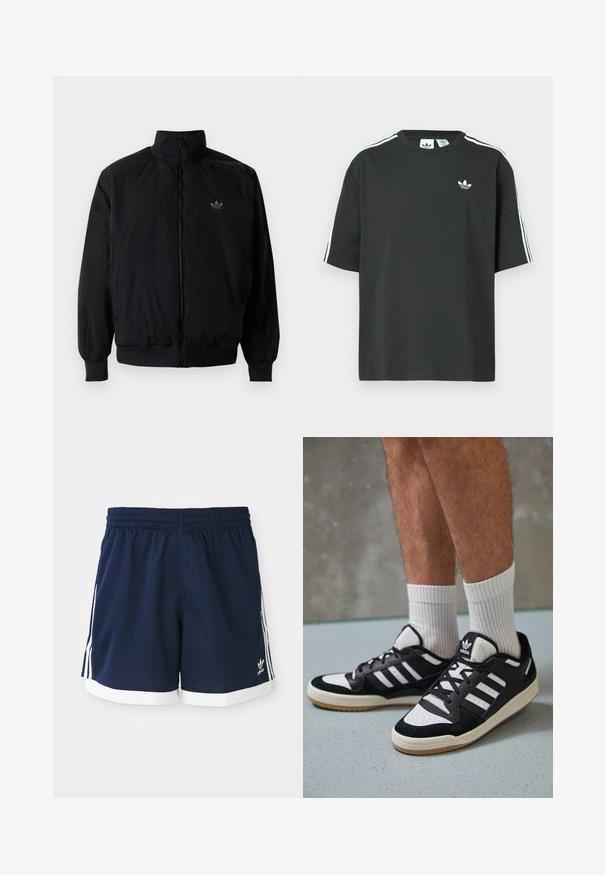 Crna jakna na zip s visokim ovratnikom, izrađena od laganog materijala. Ima elastične manžete i pojas, s malim logotipom na gornjem lijevom dijelu.; Crna pamučna majica kratkih rukava, s okruglim izrezom i bijelim detaljima u obliku triju pruga na ramenima. Na prsima se nalazi mali bijeli logotip.; Tamno plave Adidas sportske kratke hlače s bijelim rubom i s tri bijele pruge s svake strane, elastična gumica u struku.; Crne i bijele tenisice s gornjim dijelom od antilopa i kože, s tri bijele pruge, perforiranim prstom i gumiranim potplatom.