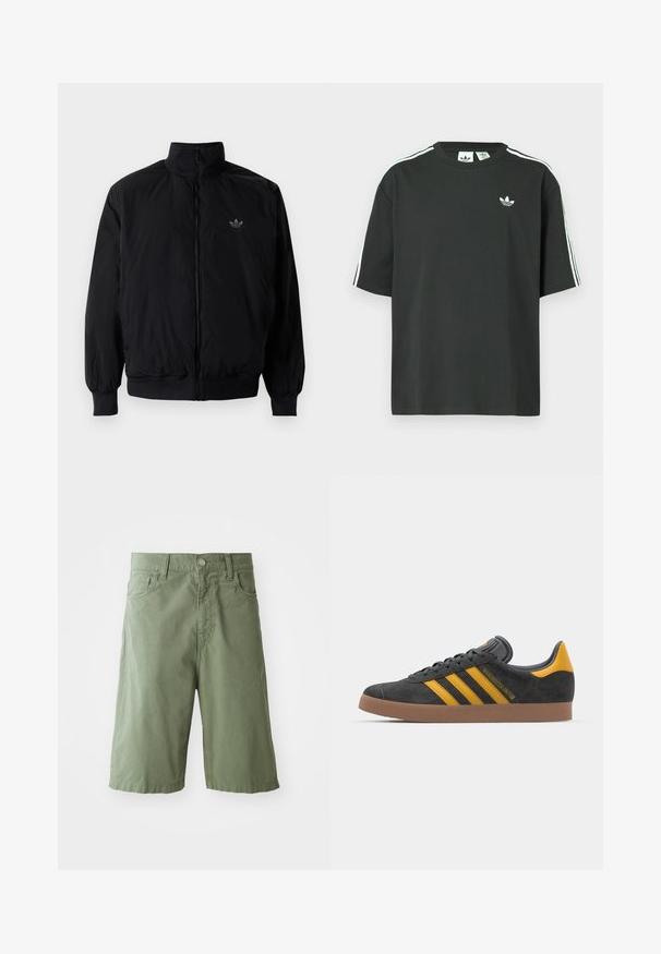 Svart zipjacka med hög krage, tillverkad av lätt material. Har elastiska cuffar och midja, med en liten logo på övre vänster.; Svart bomulls-t-shirt med korta ärmar, rund halsringning och vita tre ränder på axlarna. Har en liten vit logotyp på bröstet.; Gröna bomullsshorts med lös passform, som har två framfickor, knappstängning och knälång längd. Slät textur.; Svart mockaskor med gula accenter, med tre ränder och en brun gummisula. Inkluderar en vadderad tunga för extra komfort.