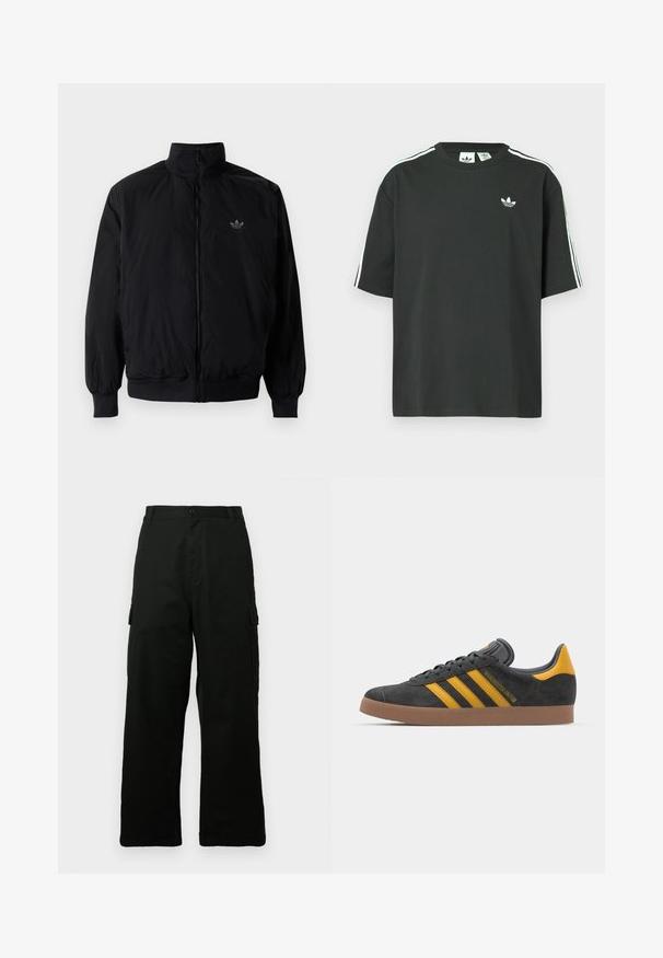 Zwarte geluiting jack met hoge kraag, gemaakt van lichtgewicht materiaal. Voorzien van elastische manchetten en tailleband, met een klein logo op de linkerbovenkant.; Zwart katoenen T-shirt met korte mouwen, ronde hals en witte drie-strepen details op de schouders. Heeft een klein wit logo op de borst.; Zwarte cargobroek gemaakt van een duurzaam stof, met een wijde pijp, meerdere zijzakken en een rechte snit.; Zwarte suède sneakers met gele accenten, voorzien van drie strepen en een bruine rubberen zool. Inclusief een gevoerde tong voor comfort.