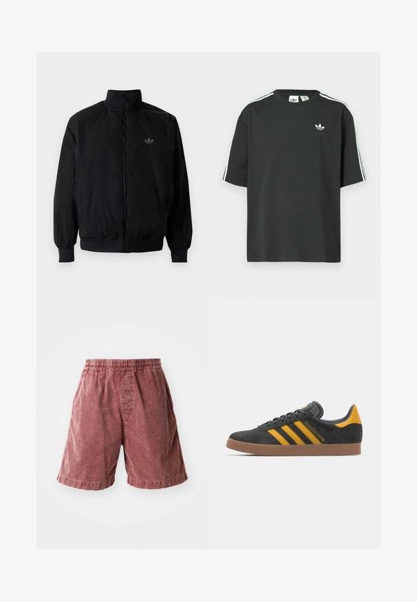 Čierna zips kombinéza s vysokým golierom, vyrobená z ľahkého materiálu. Obsahuje elastické manžety a pás, s malým logom na hornej ľavej strane.; Čierne bavlnené tričko s krátkymi rukávmi, okrúhlym výstrihom a bielymi tromi pruhmi na ramenách. Na hrudi je malý biely logo.; Kovové bavlnené šortky v rezavom odtieni s elastickým pásom, s textúrovaným povrchom a bočnými vreckami, s dĺžkou tesne nad kolená.; Čierne semišové tenisky so žltými akcentmi, ktoré majú tri pruhy a hnedú gumovú podrážku. Obsahujú vypolstrovaný jazyk pre pohodlie.