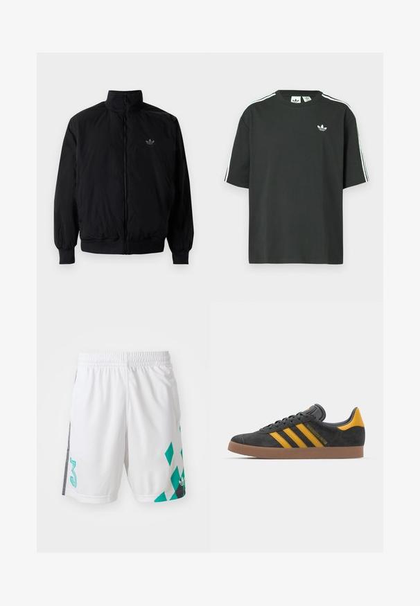 Crna jakna na zip s visokim ovratnikom, izrađena od laganog materijala. Ima elastične manžete i pojas, s malim logotipom na gornjem lijevom dijelu.; Crna pamučna majica kratkih rukava, s okruglim izrezom i bijelim detaljima u obliku triju pruga na ramenima. Na prsima se nalazi mali bijeli logotip.; Bijele atletske šortse s elastičnim pojasom, s teal geometrijskim uzorkom i crnim naglascima sa strane. Uključuje veliki broj "3".; Crne nubuk tenisice s žutim detaljima, sa tri pruge i smešnim gumenim potplatom. Imaju jastučić na jeziku za udobnost.