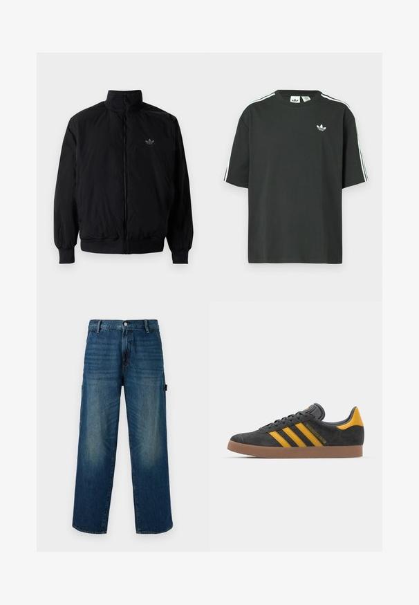 Black zipped jacket with high collar, made of lightweight material. Features elastic cuffs and waistband, with a small logo on the upper left.; Black cotton t-shirt with short sleeves, crew neckline, and white three-stripe detailing on shoulders. Features a small white logo on chest.; Wide-leg blue denim pants with faded accents, featuring a traditional button and zipper closure, and side pocket on the left.; Black suede sneaker with yellow accents, featuring three stripes and a brown rubber sole. Includes a padded tongue for comfort.