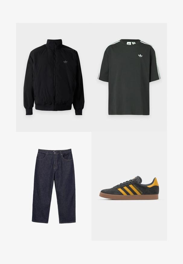 Czarna kurtka zapinana na zamek z wysokim kołnierzem, wykonana z lekkiego materiału. Posiada elastyczne mankiety i pas, oraz małe logo na górnej lewej stronie.; Czarny bawełniany t-shirt z krótkimi rękawami, okrągłym dekoltem i białym detalem w postaci trzech pasków na ramionach. Na piersi znajduje się małe białe logo.; Granatowe dżinsy o prostym kroju z guzikiem z przodu, zamek błyskawiczny i pięć kieszeni, wyeksponowane na białym tle.; Czarne zamszowe sneakersy z żółtymi akcentami, z trzema paskami i brązową gumową podeszwą. Posiadają wyściełany język dla większego komfortu.