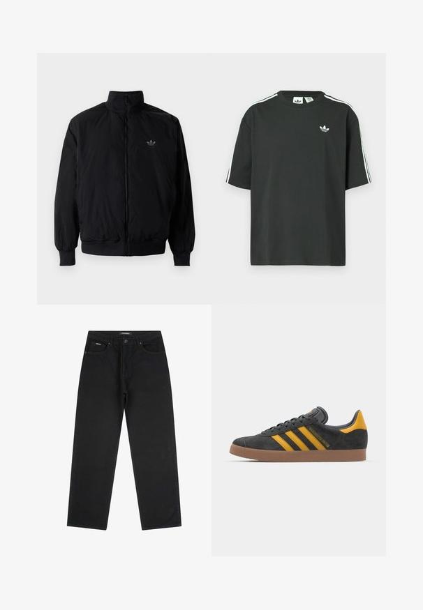 Czarna kurtka zapinana na zamek z wysokim kołnierzem, wykonana z lekkiego materiału. Posiada elastyczne mankiety i pas, oraz małe logo na górnej lewej stronie.; Czarny bawełniany t-shirt z krótkimi rękawami, okrągłym dekoltem i białym detalem w postaci trzech pasków na ramionach. Na piersi znajduje się małe białe logo.; Czarne jeansy proste o nogawce, z przednim guzikiem i zamkiem błyskawicznym, z pętlami na pasek i pięcioma kieszeniami, leżące na białym tle.; Czarne zamszowe sneakersy z żółtymi akcentami, z trzema paskami i brązową gumową podeszwą. Posiadają wyściełany język dla większego komfortu.