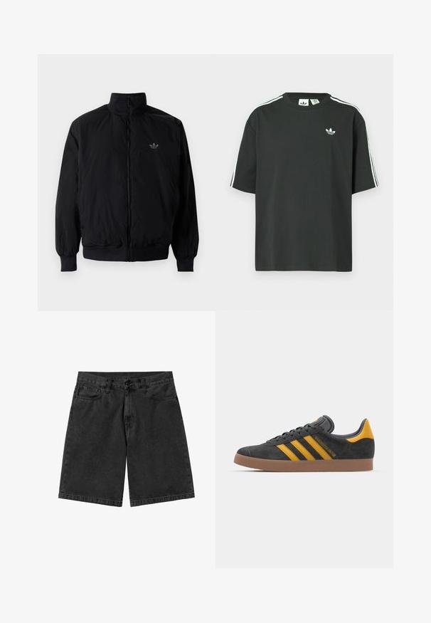 Black zipped jacket with high collar, made of lightweight material. Features elastic cuffs and waistband, with a small logo on the upper left.; Black cotton t-shirt with short sleeves, crew neckline, and white three-stripe detailing on shoulders. Features a small white logo on chest.; Black denim shorts with a straight leg cut, five pockets, and a button closure. Smooth texture with minimal fading and stitching detail.; Black suede sneaker with yellow accents, featuring three stripes and a brown rubber sole. Includes a padded tongue for comfort.