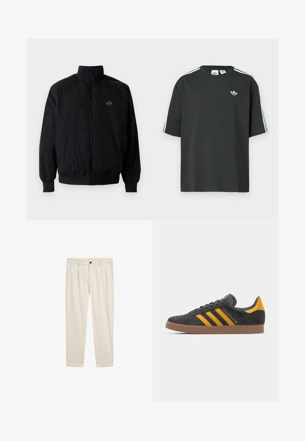 Black zipped jacket with high collar, made of lightweight material. Features elastic cuffs and waistband, with a small logo on the upper left.; Black cotton t-shirt with short sleeves, crew neckline, and white three-stripe detailing on shoulders. Features a small white logo on chest.; Light beige trousers with a relaxed fit, featuring two side pockets, a single button closure, and a smooth, soft cotton blend texture.; Black suede sneaker with yellow accents, featuring three stripes and a brown rubber sole. Includes a padded tongue for comfort.