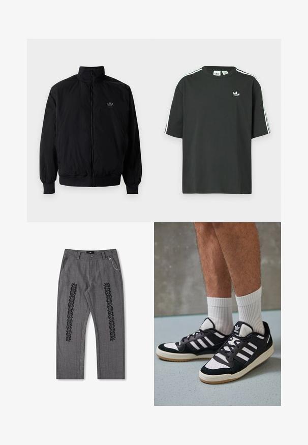 Černá zipová bunda s vysokým límcem, vyrobená z lehkého materiálu. Má elastické manžety a pas, s malým logem na horní levé straně.; Černé bavlněné tričko s krátkými rukávy, kulatým výstřihem a bílými třemi pruhy na ramenou. Na hrudi je malá bílá logo.; Šedé kostkované kalhoty s černým textovým detailem podél stran, s řetízkovým akcentem na pasu. Rovný střih, texturovaná látka.; Černobílé tenisky s vrchní částí z semišové a kožené kůže, včetně tří bílých pruhů, perforovaného špičky a podrážky z gumy.