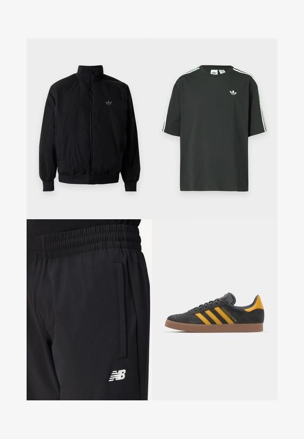 Crna jakna na zip s visokim ovratnikom, izrađena od laganog materijala. Ima elastične manžete i pojas, s malim logotipom na gornjem lijevom dijelu.; Crna pamučna majica kratkih rukava, s okruglim izrezom i bijelim detaljima u obliku triju pruga na ramenima. Na prsima se nalazi mali bijeli logotip.; Crne sportske hlače s elastičnim pojasom, bočnom džepom i bijelim New Balance logotipom na bedru.; Crne nubuk tenisice s žutim detaljima, sa tri pruge i smešnim gumenim potplatom. Imaju jastučić na jeziku za udobnost.