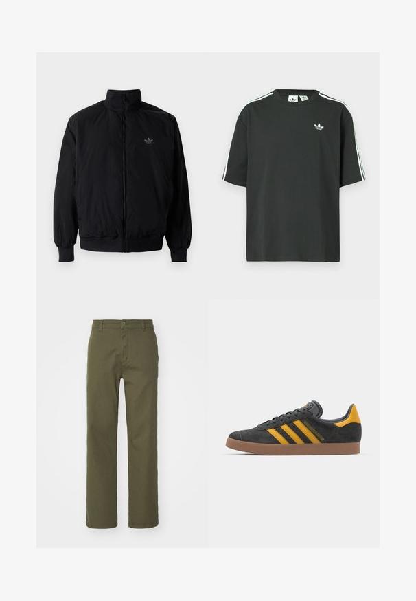 Černá zipová bunda s vysokým límcem, vyrobená z lehkého materiálu. Má elastické manžety a pas, s malým logem na horní levé straně.; Černé bavlněné tričko s krátkými rukávy, kulatým výstřihem a bílými třemi pruhy na ramenou. Na hrudi je malá bílá logo.; Olivové kalhoty s přímým střihem, zapínáním na knoflík a zip a bočními kapsami. Látka vypadá hladce s mírnou texturou.; Černé semišové tenisky se žlutými akcenty, vybavené třemi pruhy a hnědou gumovou podrážkou. Obsahují polstrovaný jazyk pro pohodlí.