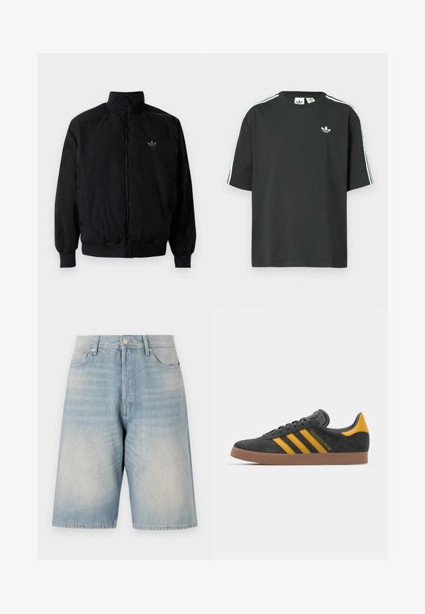 Black zipped jacket with high collar, made of lightweight material. Features elastic cuffs and waistband, with a small logo on the upper left.; Black cotton t-shirt with short sleeves, crew neckline, and white three-stripe detailing on shoulders. Features a small white logo on chest.; Light blue denim shorts with a relaxed fit. Features a button closure, belt loops, and two front pockets. Faded texture throughout.; Black suede sneaker with yellow accents, featuring three stripes and a brown rubber sole. Includes a padded tongue for comfort.