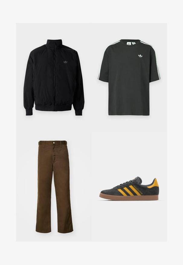 Black zipped jacket with high collar, made of lightweight material. Features elastic cuffs and waistband, with a small logo on the upper left.; Black cotton t-shirt with short sleeves, crew neckline, and white three-stripe detailing on shoulders. Features a small white logo on chest.; Brown, straight-leg pants made of soft fabric with a smooth texture, featuring a front button closure and classic belt loops.; Black suede sneaker with yellow accents, featuring three stripes and a brown rubber sole. Includes a padded tongue for comfort.